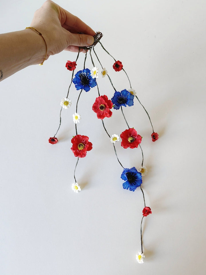 Folk Bridal Flower Hair Vine: Poppy, Cornflower, Daisy Veil – handmade floral hair accessory by magaela
