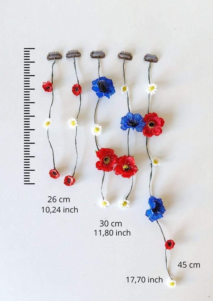 Folk Bridal Flower Hair Vine: Poppy, Cornflower, Daisy Veil – handmade floral hair accessory by magaela