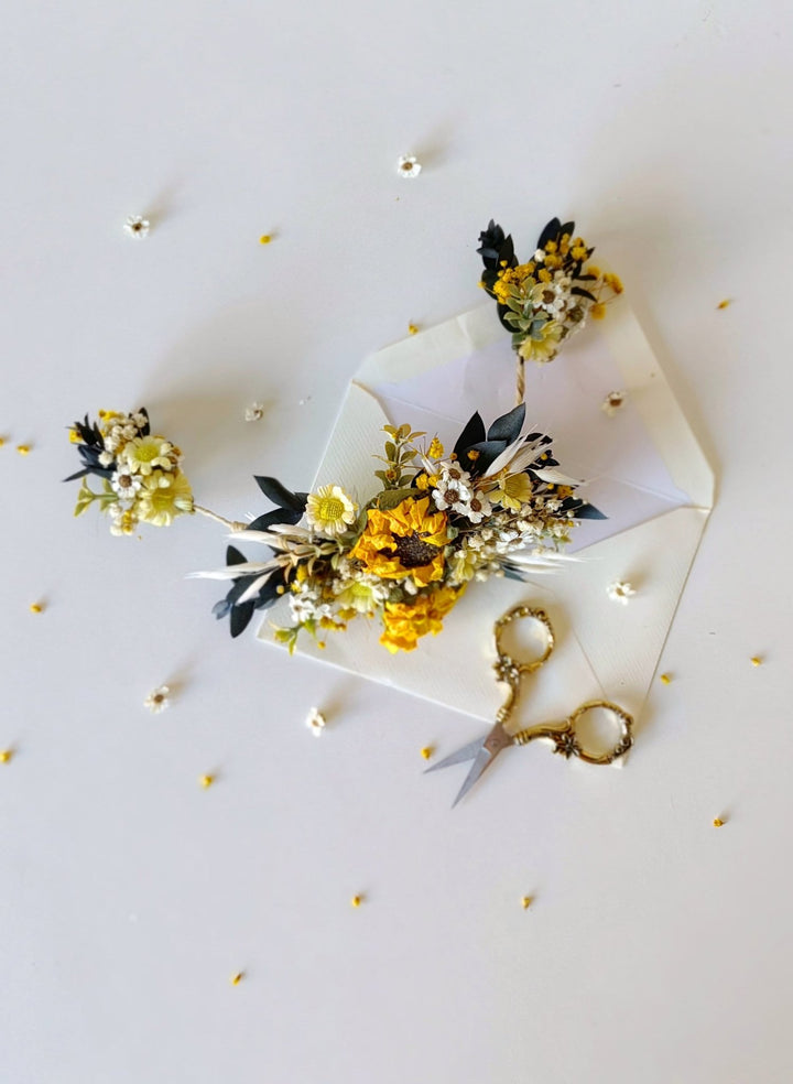 Sunflower Bridal Hair Vine: Romantic Yellow Flower Wedding Accessory – handmade floral hair accessory by magaela