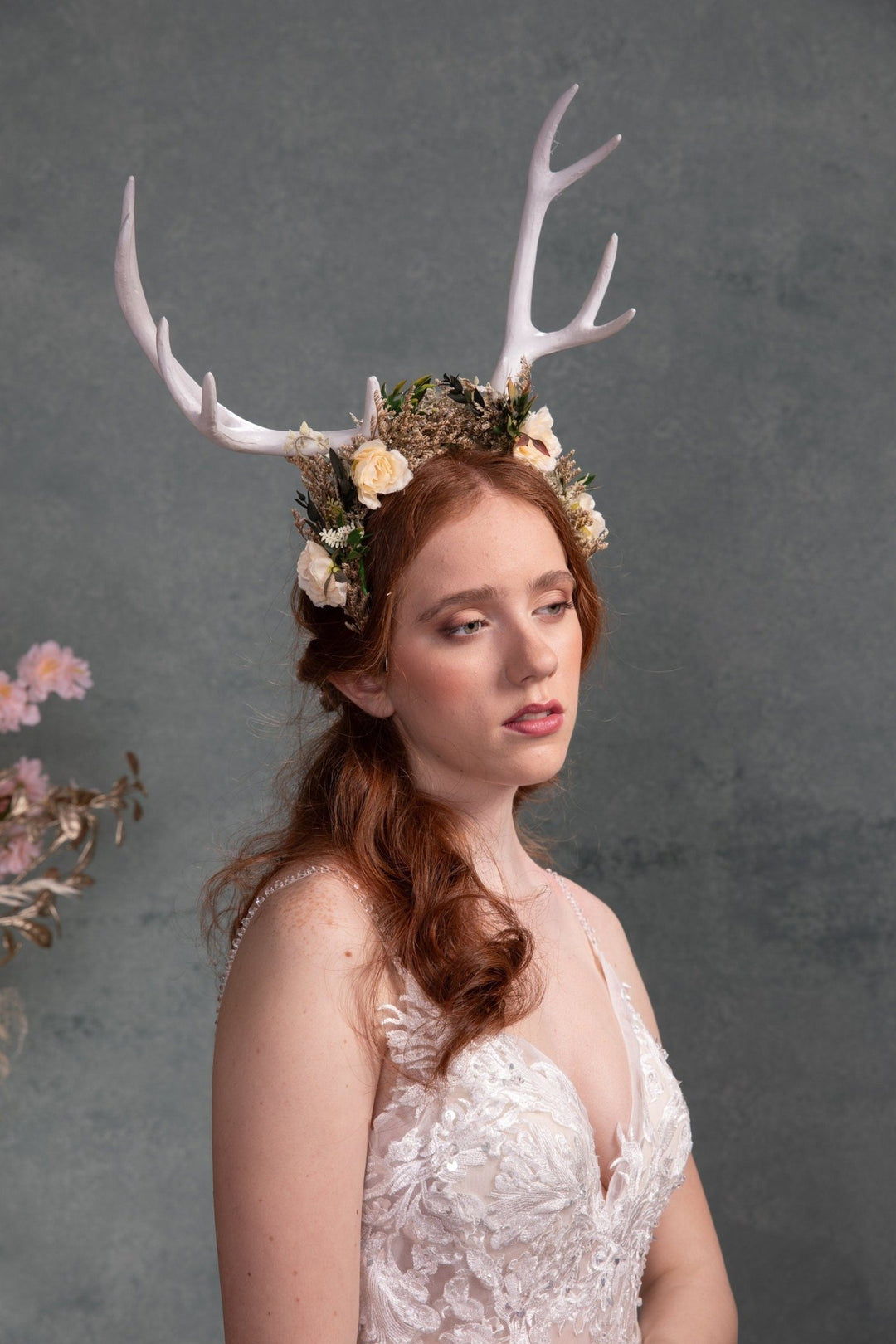 Floral Deer Antler Crown: Ivory Horns, Woodland Headpiece – handmade floral hair accessory by magaela