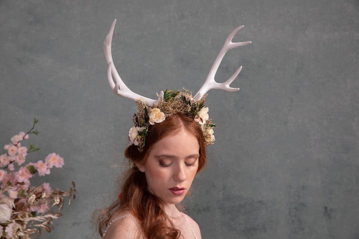 Floral Deer Antler Crown: Ivory Horns, Woodland Headpiece – handmade floral hair accessory by magaela
