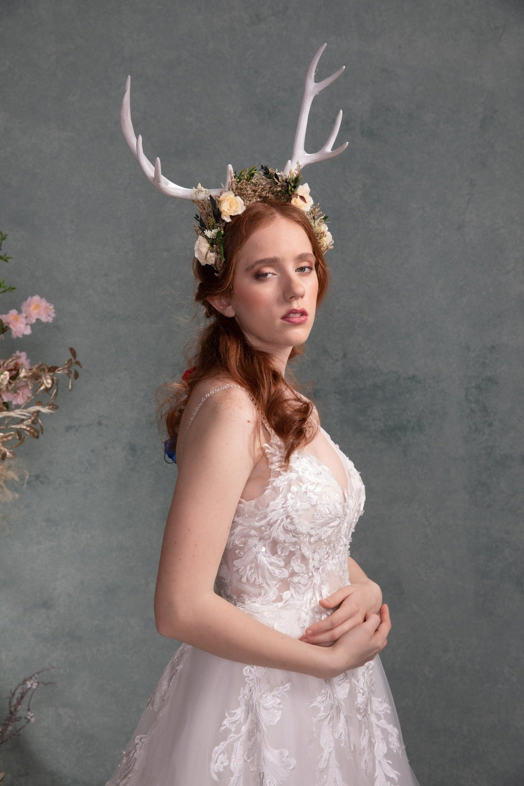 Floral Deer Antler Crown: Ivory Horns, Woodland Headpiece – handmade floral hair accessory by magaela