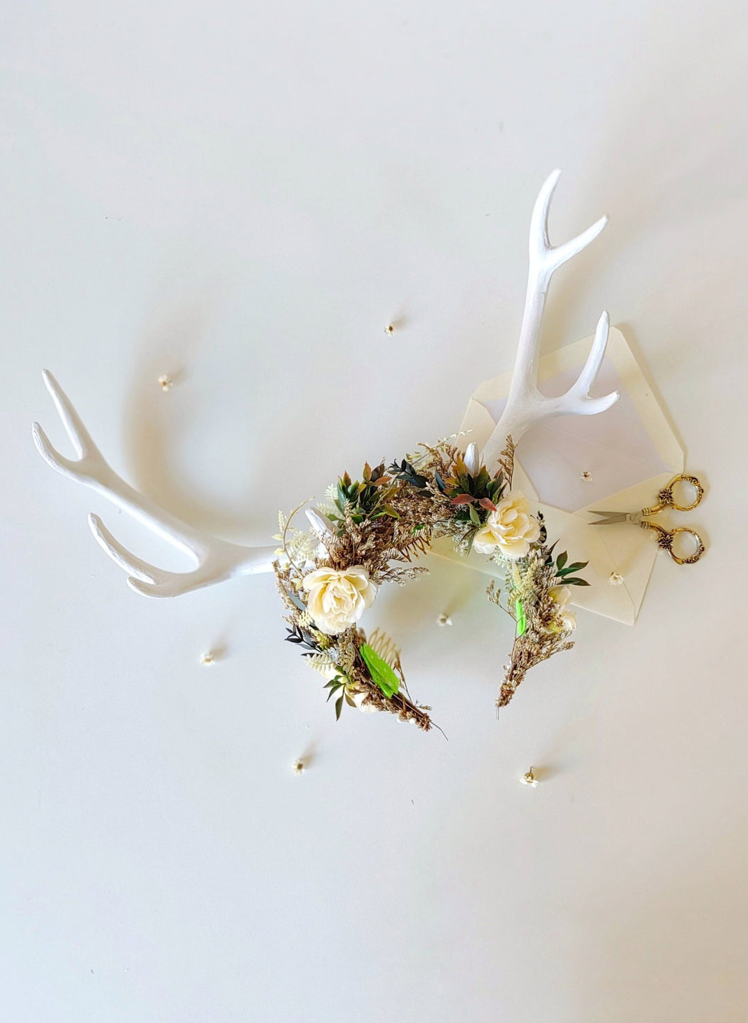 Floral Deer Antler Crown: Ivory Horns, Woodland Headpiece – handmade floral hair accessory by magaela