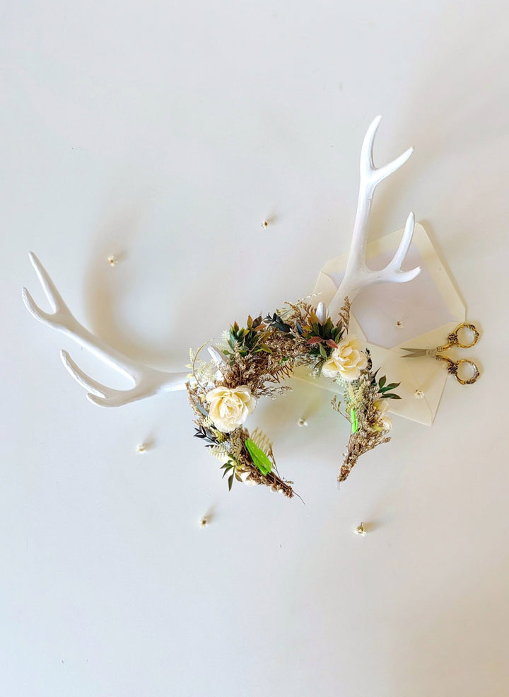 Floral Deer Antler Crown: Ivory Horns, Woodland Headpiece – handmade floral hair accessory by magaela