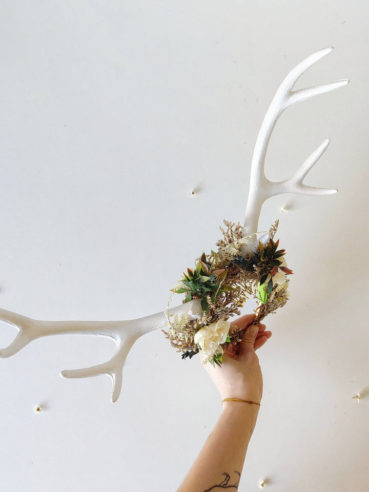 Floral Deer Antler Crown: Ivory Horns, Woodland Headpiece – handmade floral hair accessory by magaela