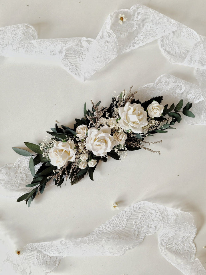 Greenery Bridal Belt: White Roses & Eucalyptus Floral Belt – handmade floral hair accessory by magaela