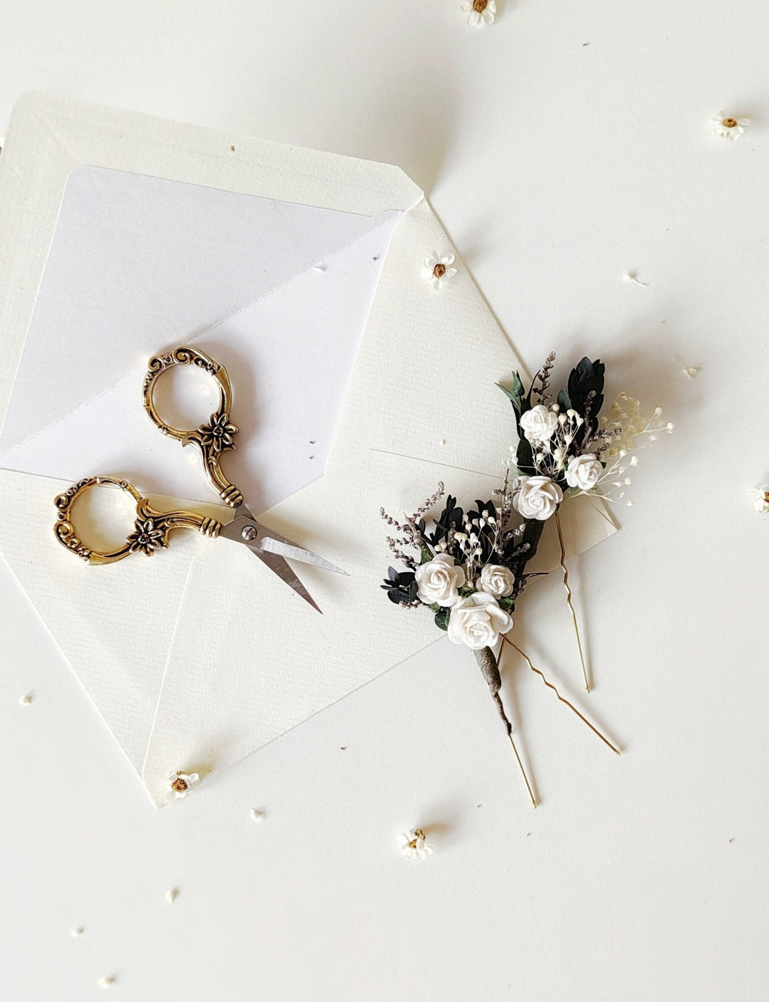 White Rose Hair Pins: Greenery Bridal Hairstyle Accessory – handmade floral hair accessory by magaela