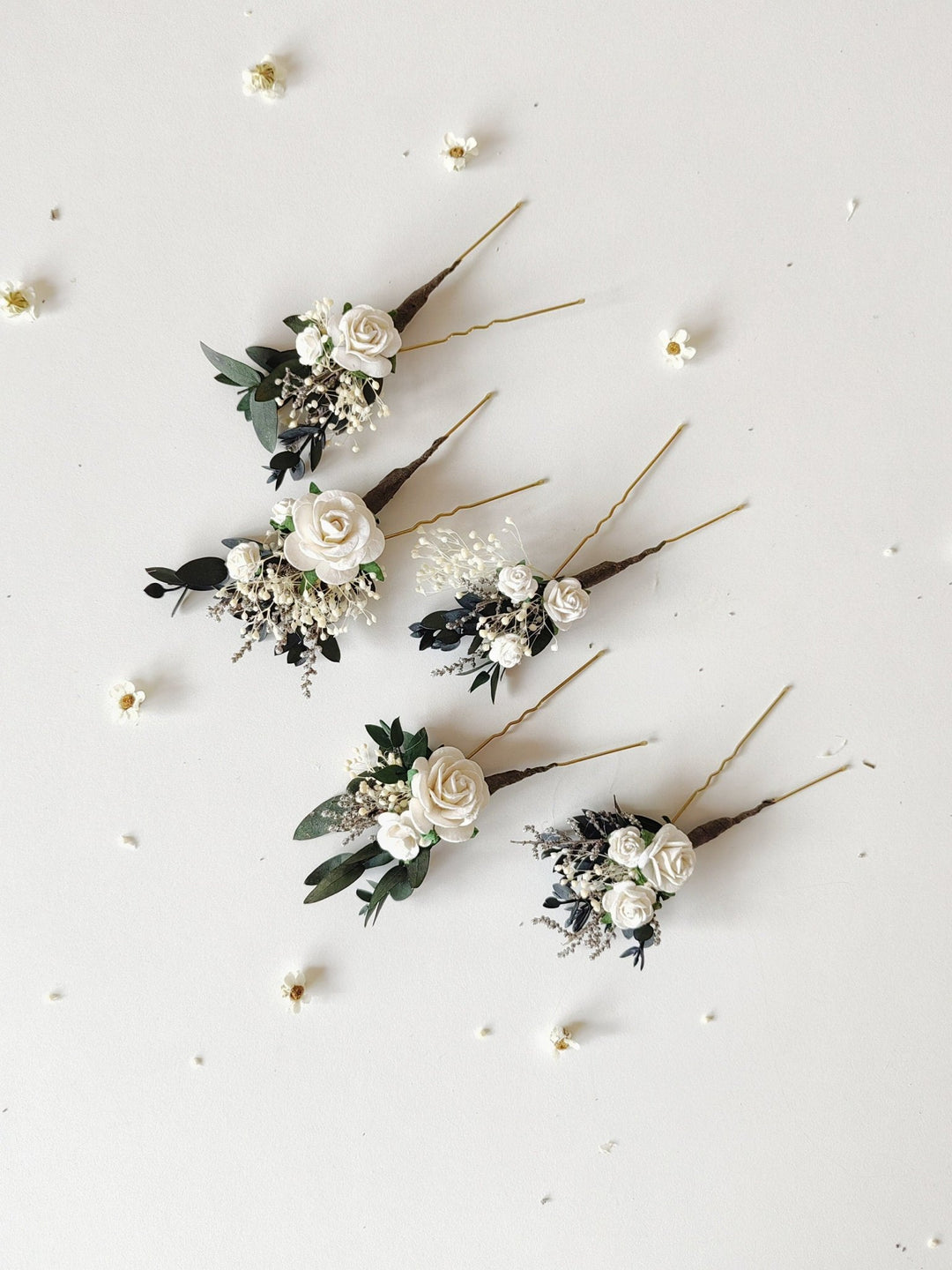 White Rose Hair Pins: Greenery Bridal Hairstyle Accessory – handmade floral hair accessory by magaela