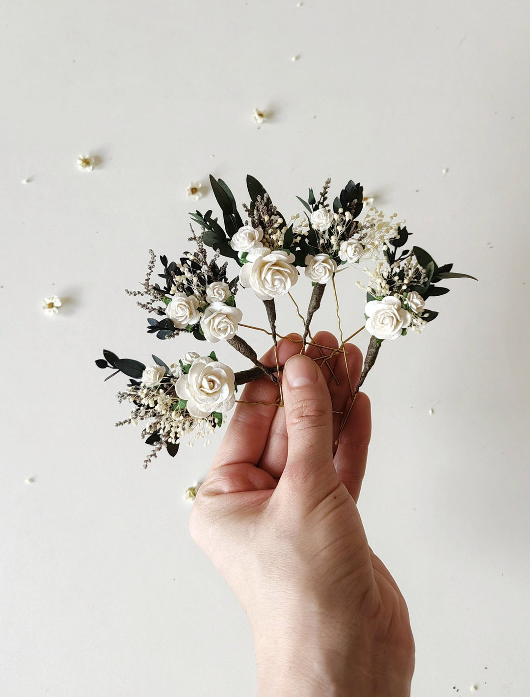 White Rose Hair Pins: Greenery Bridal Hairstyle Accessory – handmade floral hair accessory by magaela