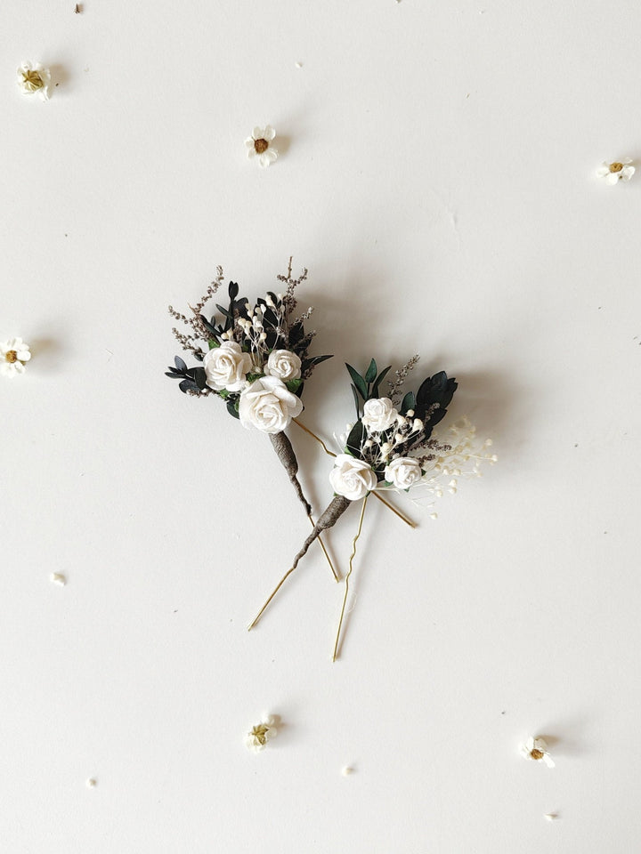 White Rose Hair Pins: Greenery Bridal Hairstyle Accessory – handmade floral hair accessory by magaela