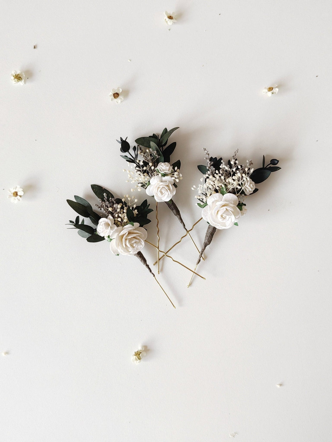 White Rose Hair Pins: Greenery Bridal Hairstyle Accessory – handmade floral hair accessory by magaela