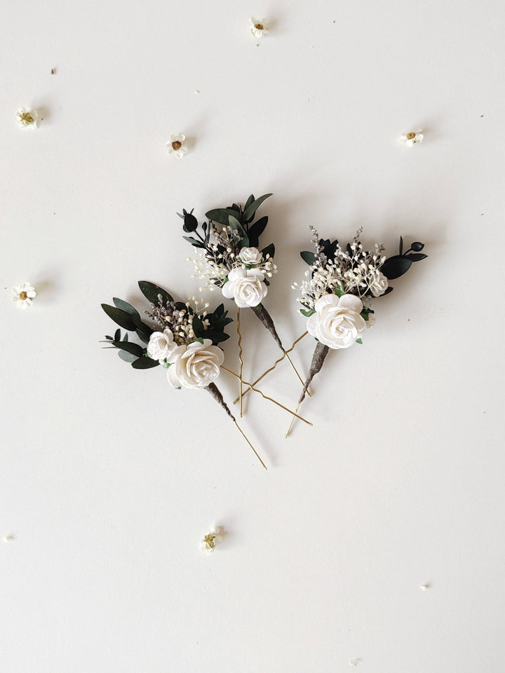 White Rose Hair Pins: Greenery Bridal Hairstyle Accessory – handmade floral hair accessory by magaela