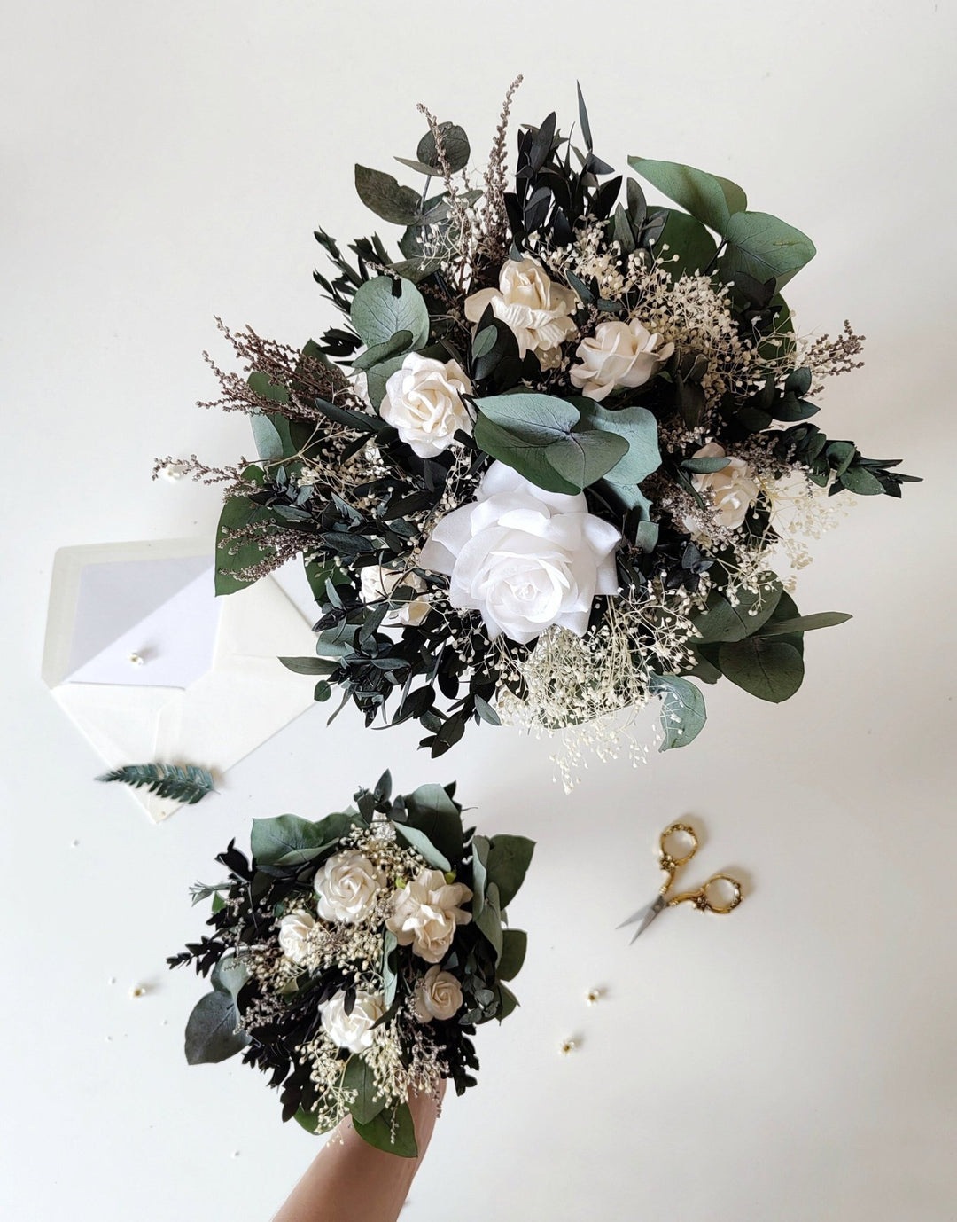 Eucalyptus Wedding Bouquet: White Peony & Greenery Bridal Bouquet – handmade floral hair accessory by magaela