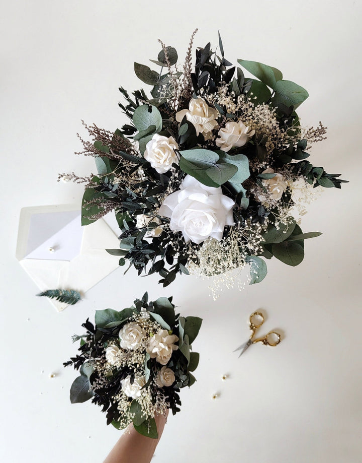 Eucalyptus Wedding Bouquet: White Peony & Greenery Bridal Bouquet – handmade floral hair accessory by magaela