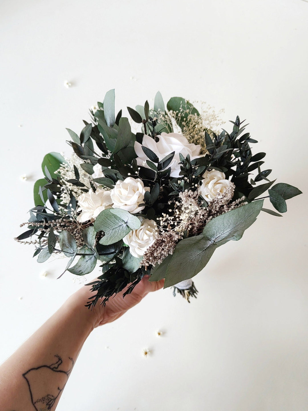 Eucalyptus Wedding Bouquet: White Peony & Greenery Bridal Bouquet – handmade floral hair accessory by magaela