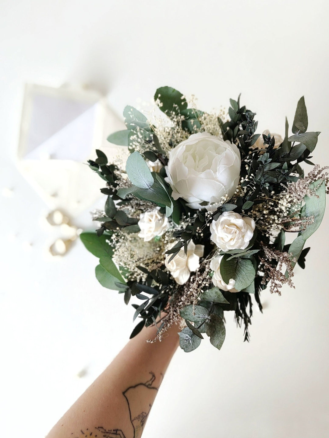 Eucalyptus Wedding Bouquet: White Peony & Greenery Bridal Bouquet – handmade floral hair accessory by magaela
