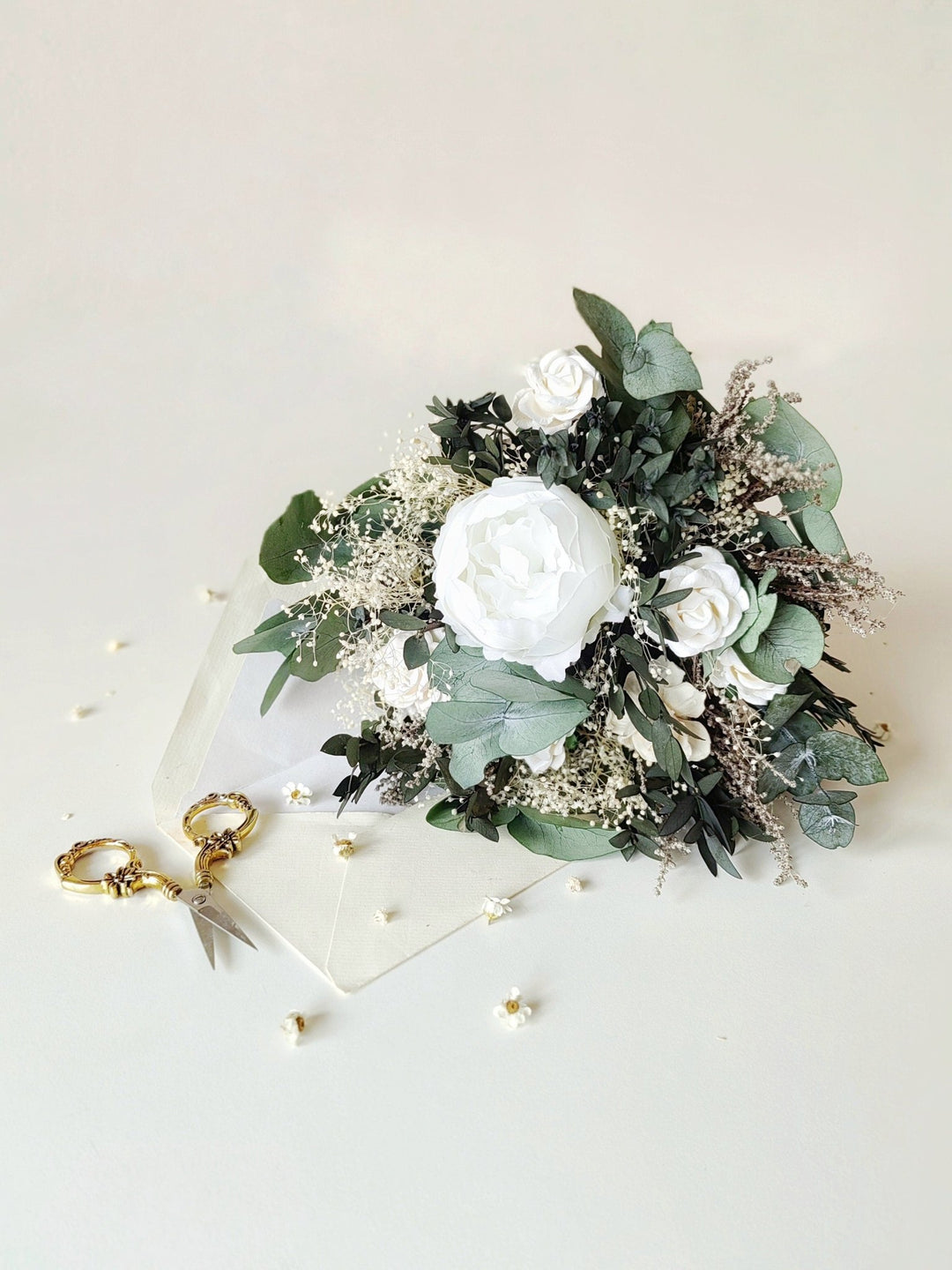 Eucalyptus Wedding Bouquet: White Peony & Greenery Bridal Bouquet – handmade floral hair accessory by magaela