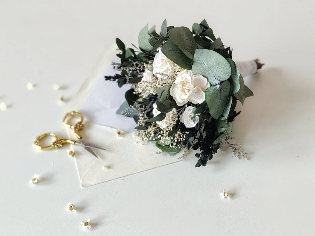 Eucalyptus Wedding Bouquet: White Peony & Greenery Bridal Bouquet – handmade floral hair accessory by magaela