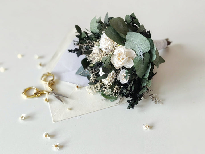 Eucalyptus Wedding Bouquet: White Peony & Greenery Bridal Bouquet – handmade floral hair accessory by magaela
