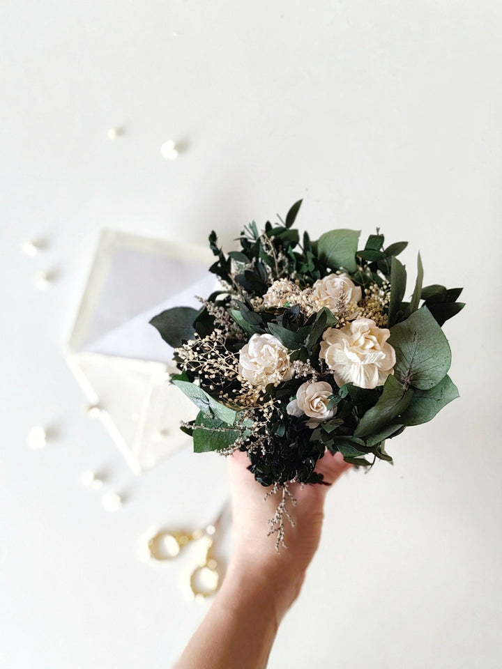 Eucalyptus Wedding Bouquet: White Peony & Greenery Bridal Bouquet – handmade floral hair accessory by magaela