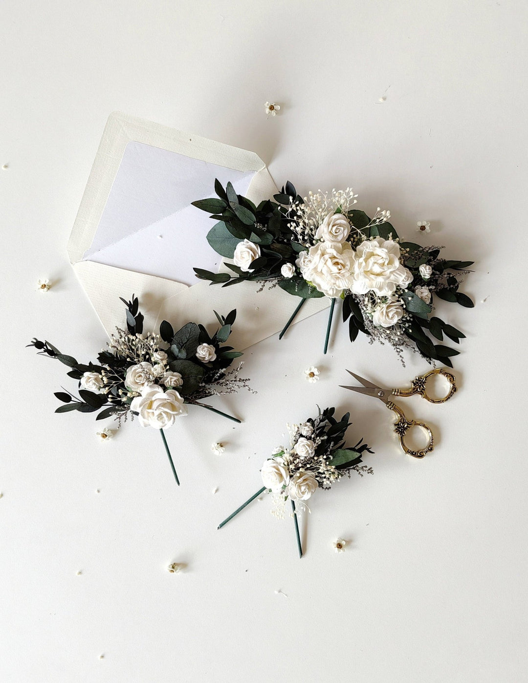 Eucalyptus Wedding Cake Toppers: White Roses & Baby's Breath Flower Set – handmade floral hair accessory by magaela