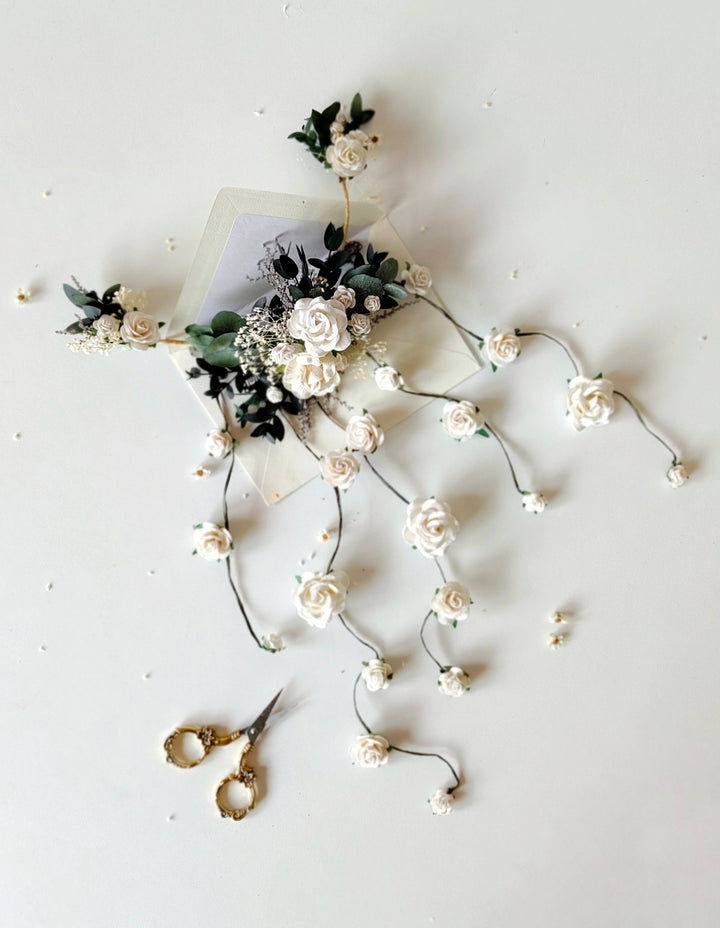Greenery Bridal Hair Vine: White Roses & Eucalyptus Wedding Accessory – handmade floral hair accessory by magaela