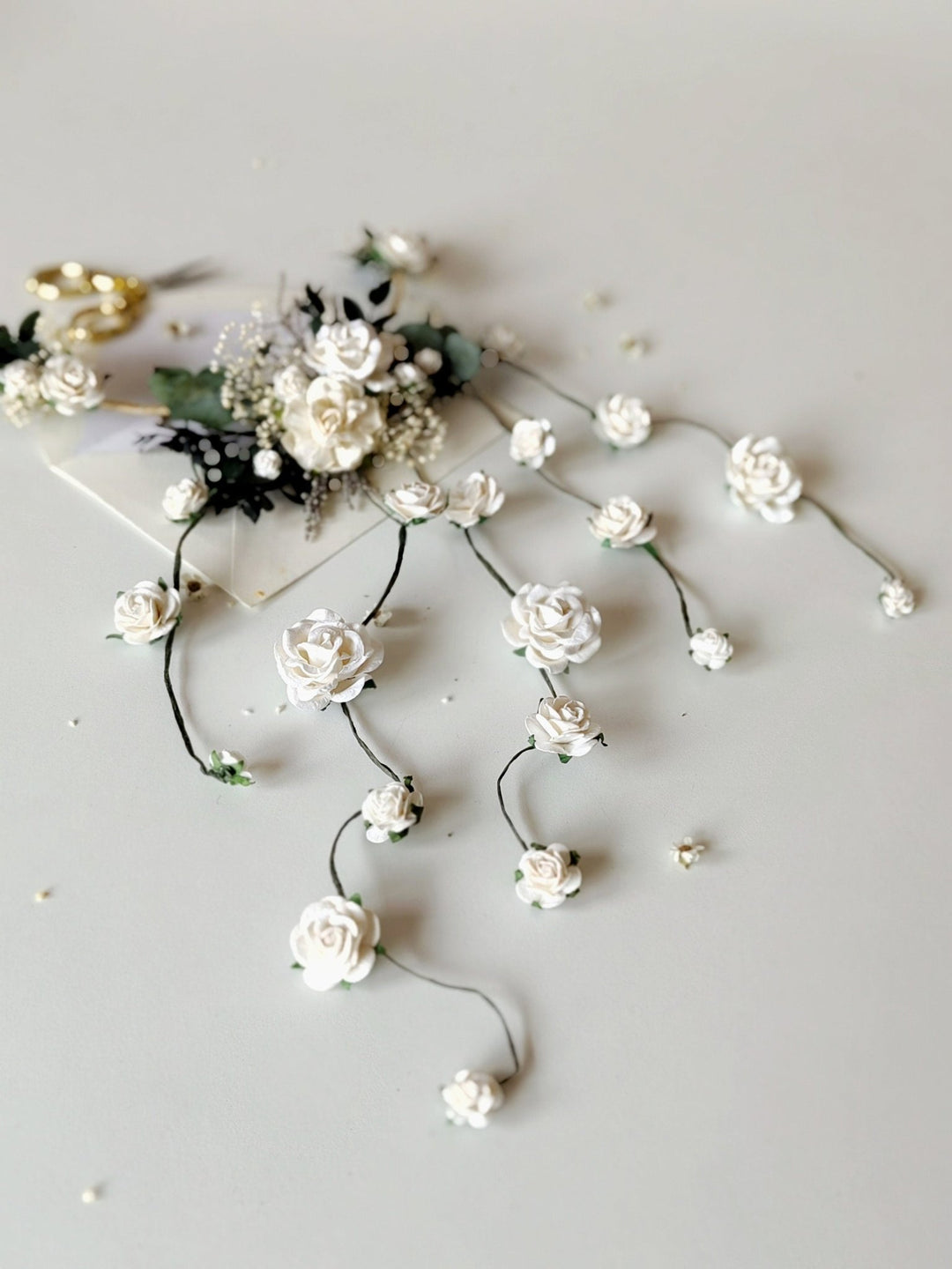 Greenery Bridal Hair Vine: White Roses & Eucalyptus Wedding Accessory – handmade floral hair accessory by magaela