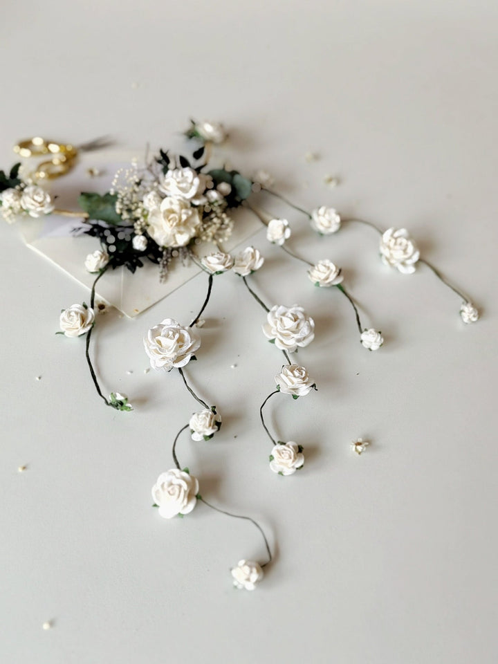 Greenery Bridal Hair Vine: White Roses & Eucalyptus Wedding Accessory – handmade floral hair accessory by magaela