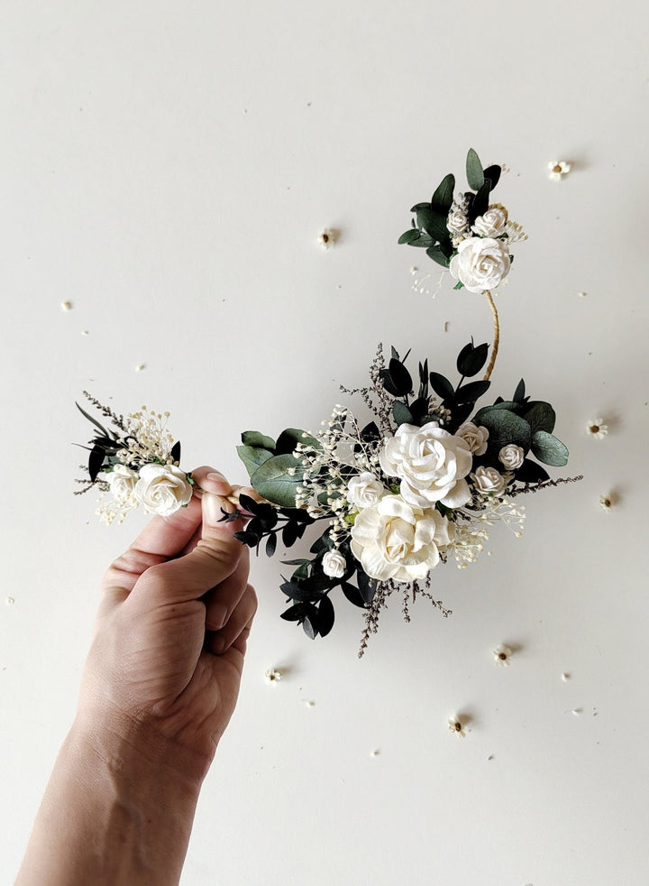 Greenery Bridal Hair Vine: White Roses & Eucalyptus Wedding Accessory – handmade floral hair accessory by magaela