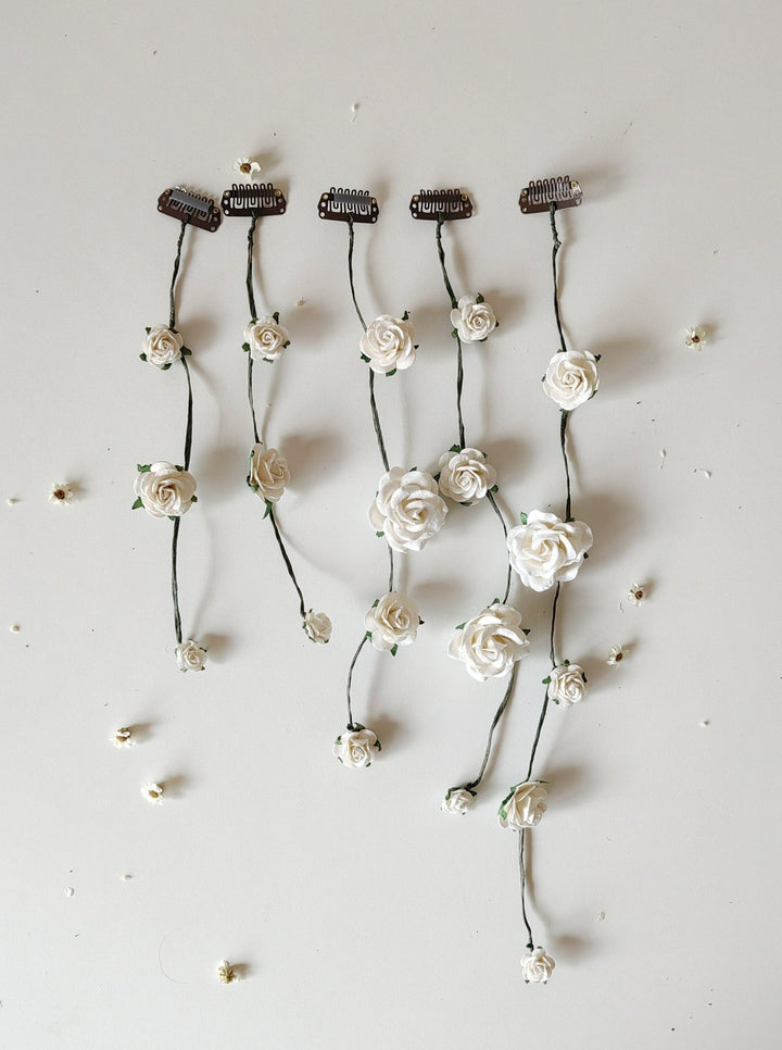 Greenery Bridal Hair Vine: White Roses & Eucalyptus Wedding Accessory – handmade floral hair accessory by magaela