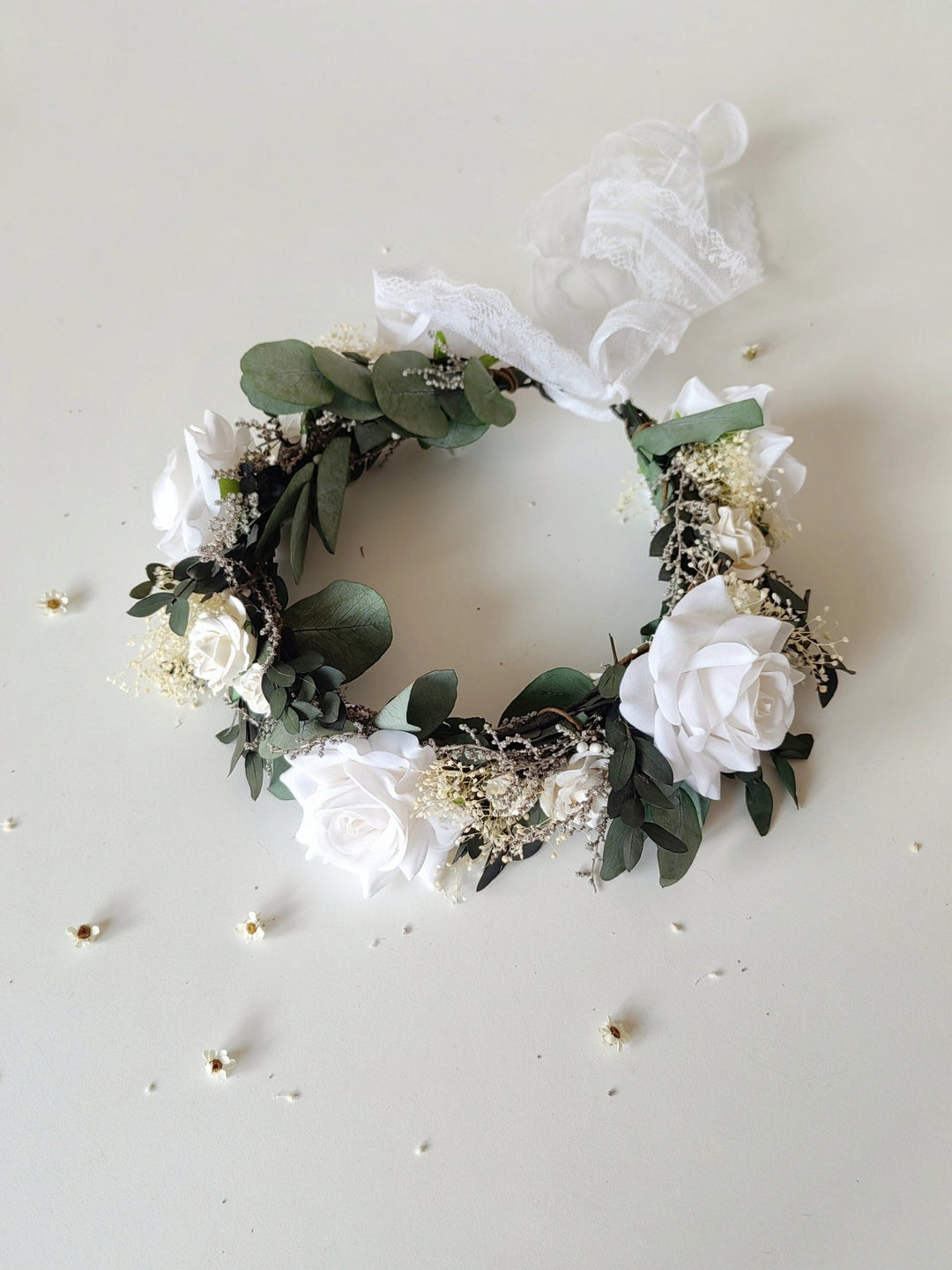 Eucalyptus Bridal Hair Wreath: White Rose Boho Flower Crown – handmade floral hair accessory by magaela