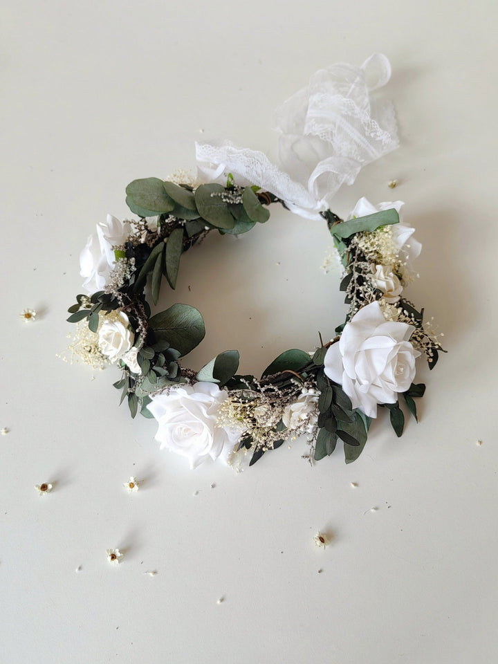 Eucalyptus Bridal Hair Wreath: White Rose Boho Flower Crown – handmade floral hair accessory by magaela