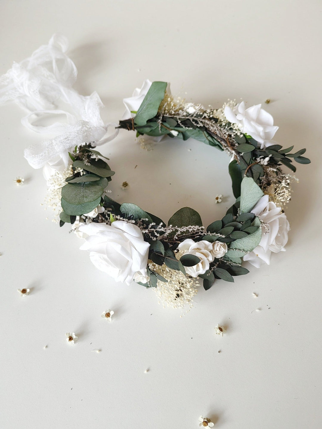 Eucalyptus Bridal Hair Wreath: White Rose Boho Flower Crown – handmade floral hair accessory by magaela