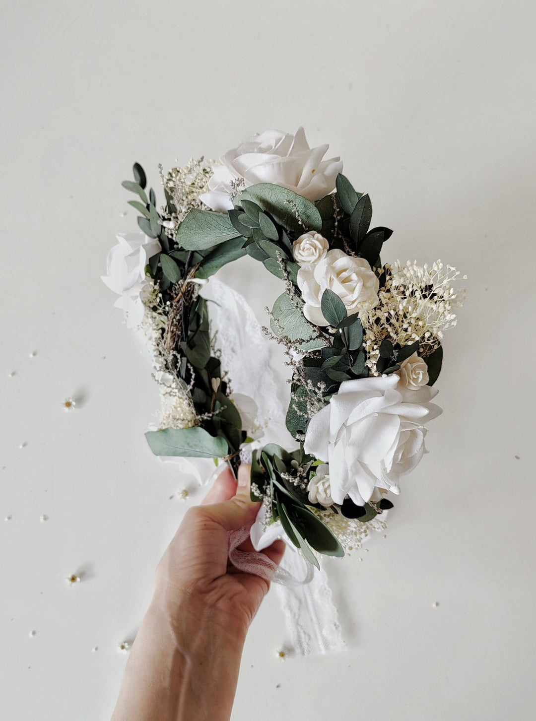 Eucalyptus Bridal Hair Wreath: White Rose Boho Flower Crown – handmade floral hair accessory by magaela