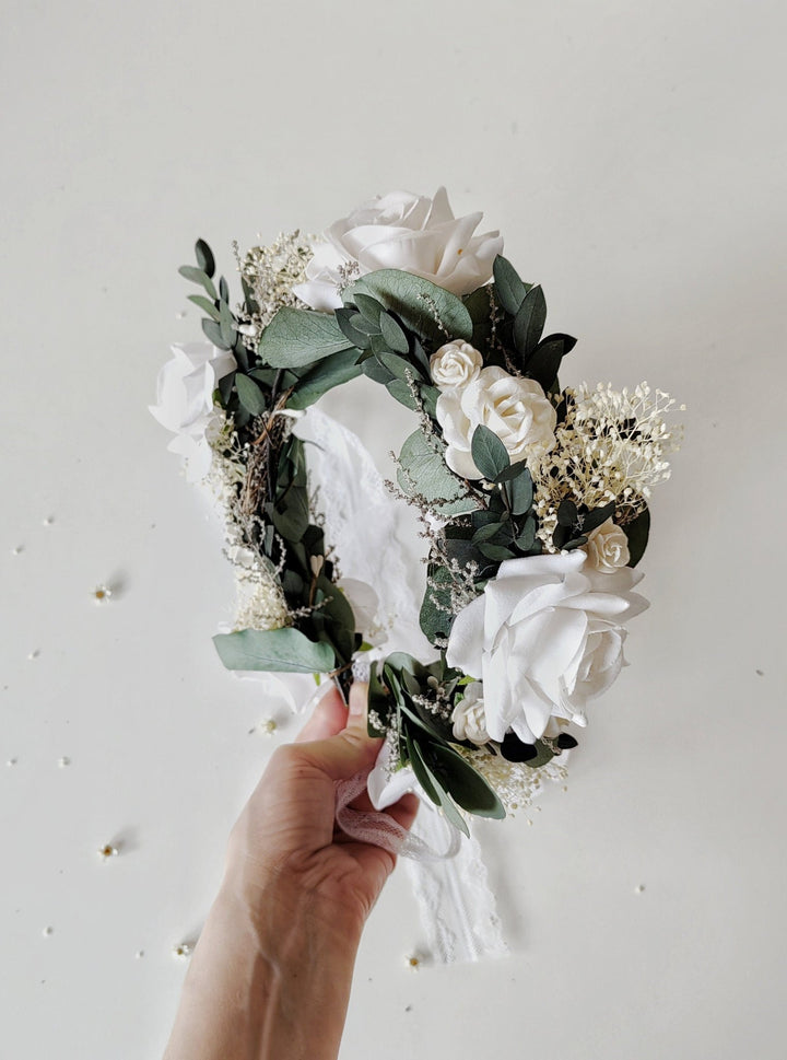 Eucalyptus Bridal Hair Wreath: White Rose Boho Flower Crown – handmade floral hair accessory by magaela