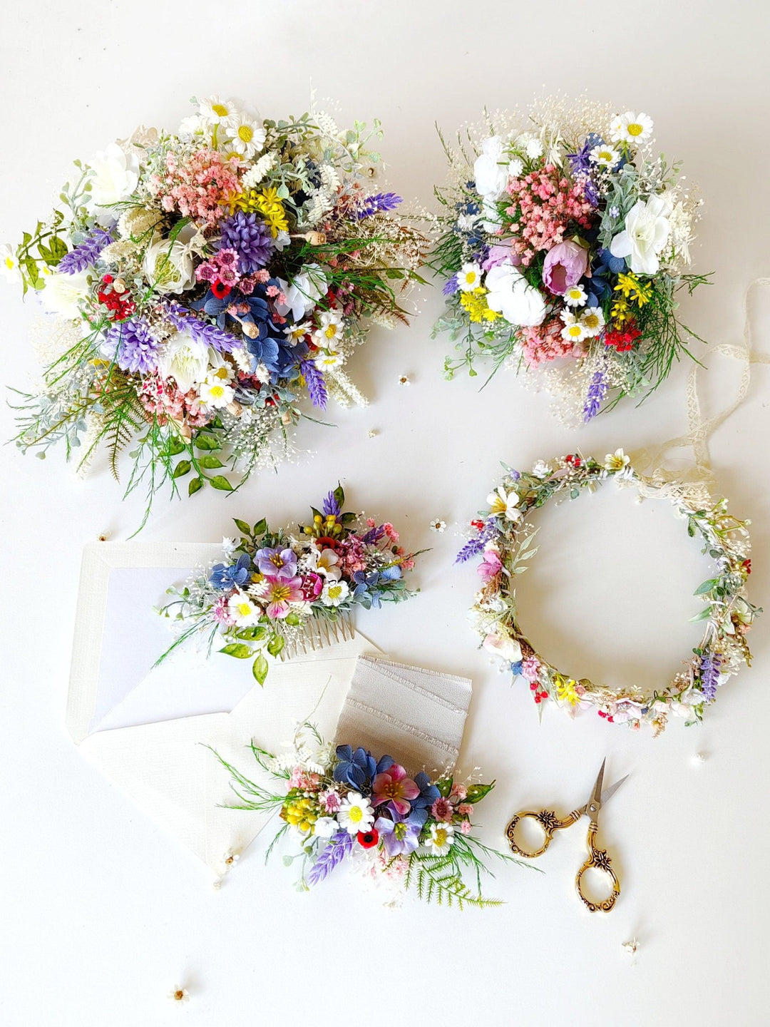 Wildflower Bridal Crown: Colorful Meadow Flower Hair Wreath – handmade floral hair accessory by magaela