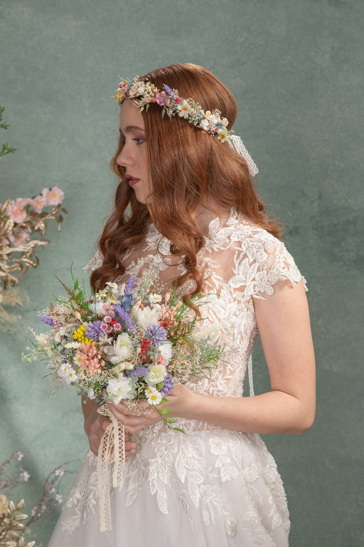 Wildflower Bridal Crown: Colorful Meadow Flower Hair Wreath – handmade floral hair accessory by magaela