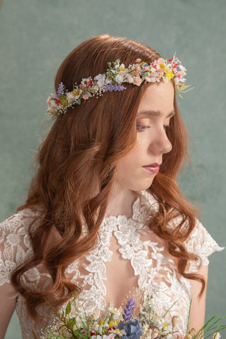 Wildflower Bridal Crown: Colorful Meadow Flower Hair Wreath – handmade floral hair accessory by magaela