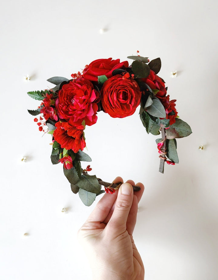 Red Frida Flower Headband: Little Frida, Mexican Floral Crown – handmade floral hair accessory by magaela