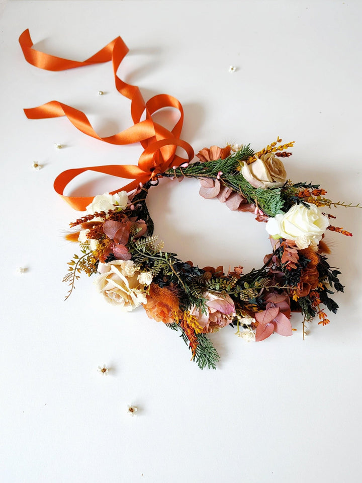 Boho Bridal Flower Crown: Terracotta Autumn Wedding Headpiece – handmade floral hair accessory by magaela