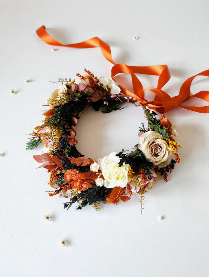 Boho Bridal Flower Crown: Terracotta Autumn Wedding Wreath – handmade floral hair accessory by magaela