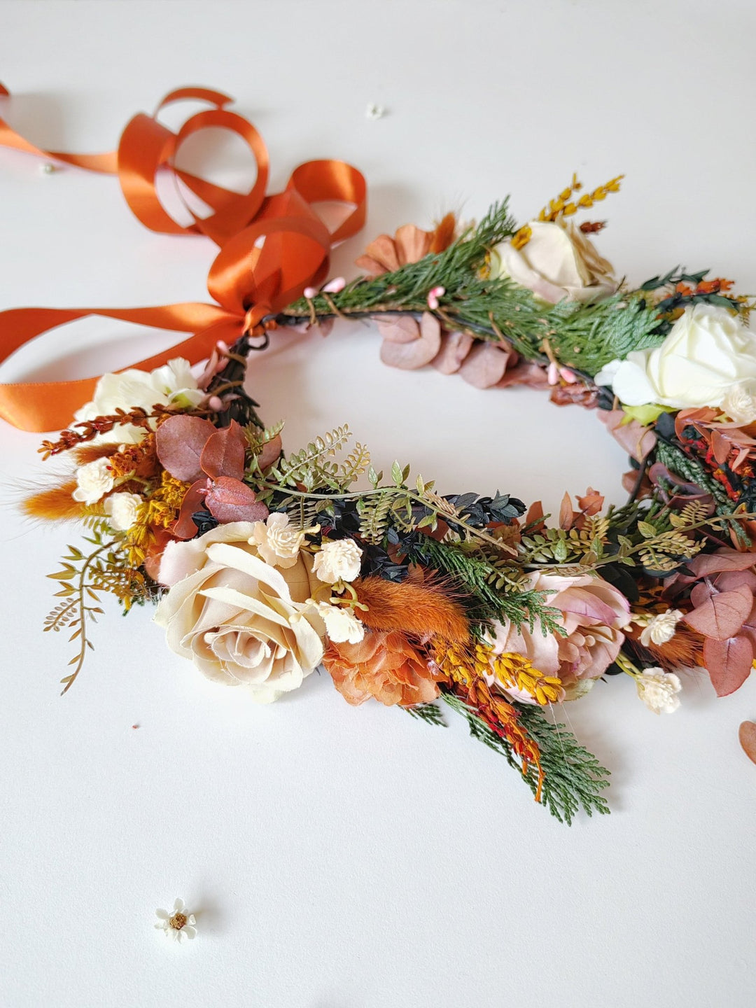 Boho Bridal Flower Crown: Terracotta Autumn Wedding Wreath – handmade floral hair accessory by magaela