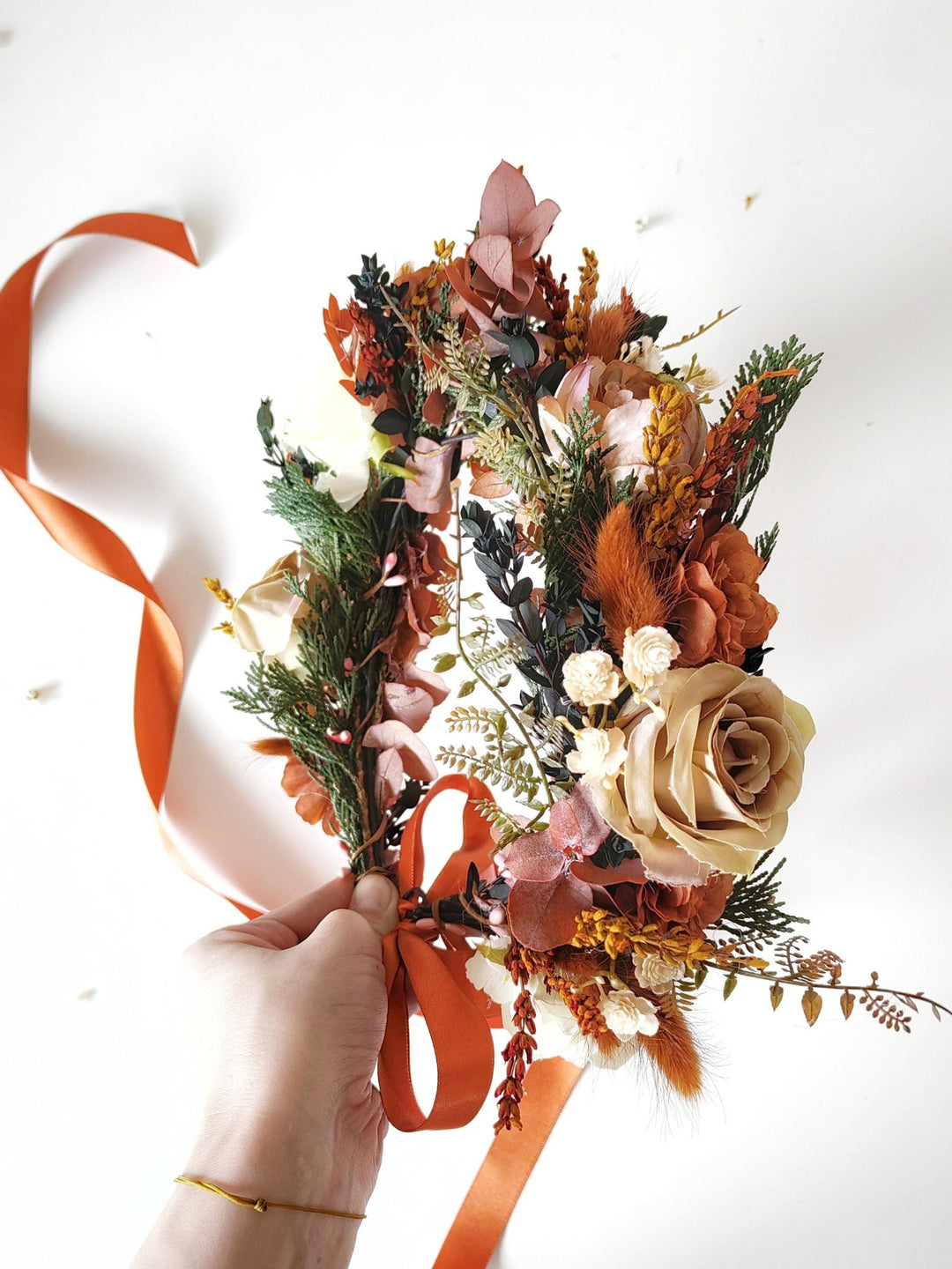 Boho Bridal Flower Crown: Terracotta Autumn Wedding Wreath – handmade floral hair accessory by magaela