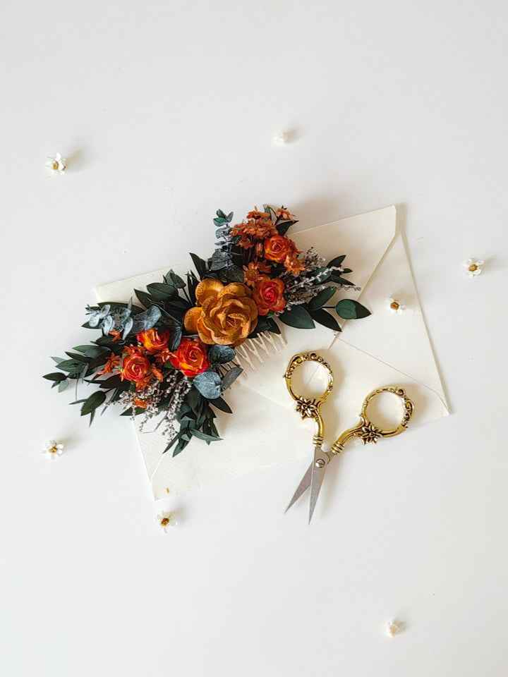 Terracotta Rose Hair Comb: Romantic Boho Autumn Wedding Hair Accessory – handmade floral hair accessory by magaela
