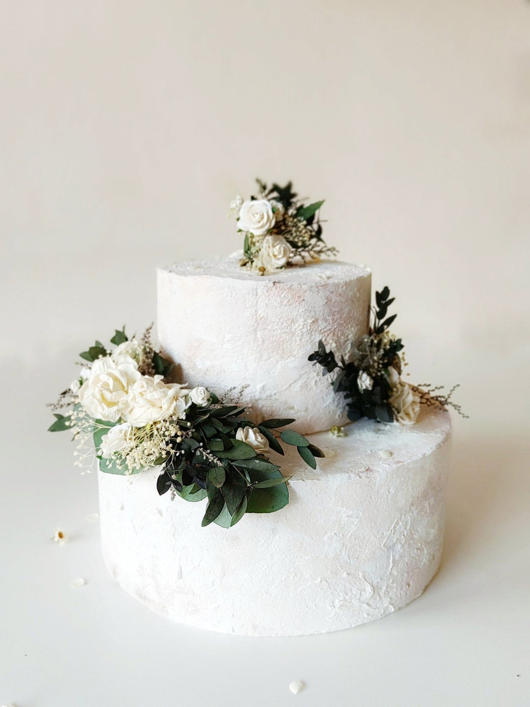 Eucalyptus Wedding Cake Toppers: White Roses & Baby's Breath Flower Set – handmade floral hair accessory by magaela