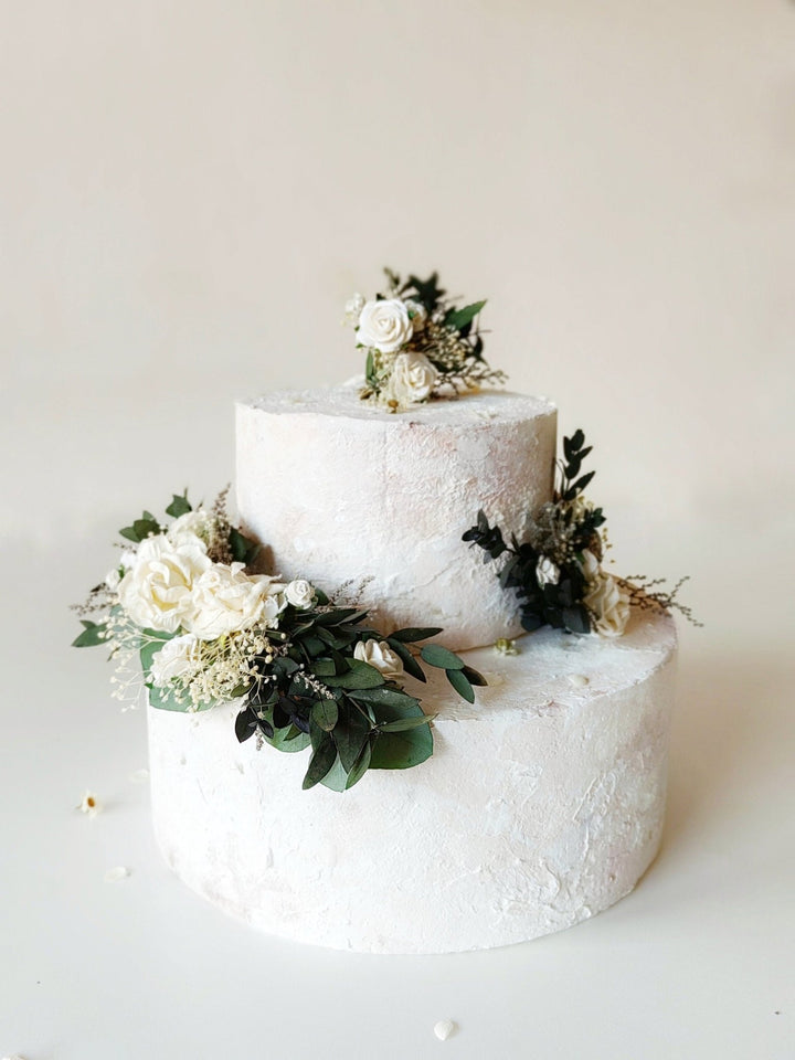 Eucalyptus Wedding Cake Toppers: White Roses & Baby's Breath Flower Set – handmade floral hair accessory by magaela