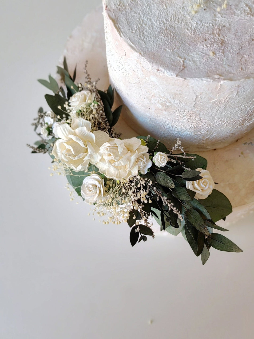 Eucalyptus Wedding Cake Toppers: White Roses & Baby's Breath Flower Set – handmade floral hair accessory by magaela