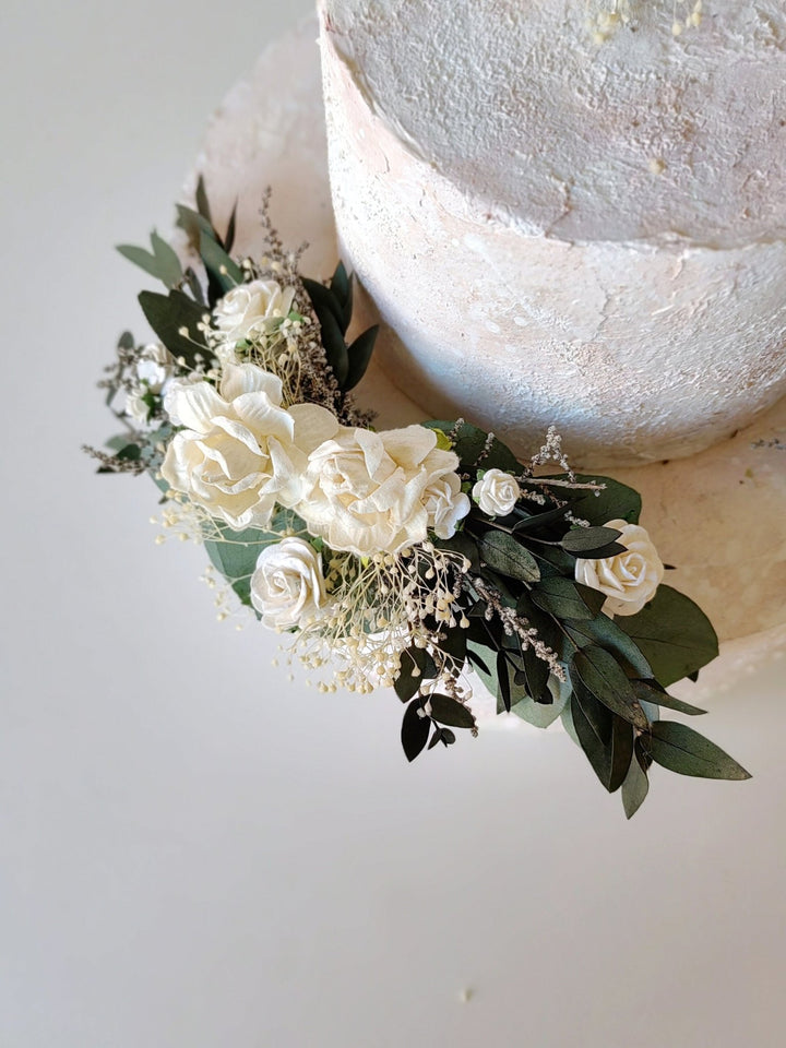 Eucalyptus Wedding Cake Toppers: White Roses & Baby's Breath Flower Set – handmade floral hair accessory by magaela