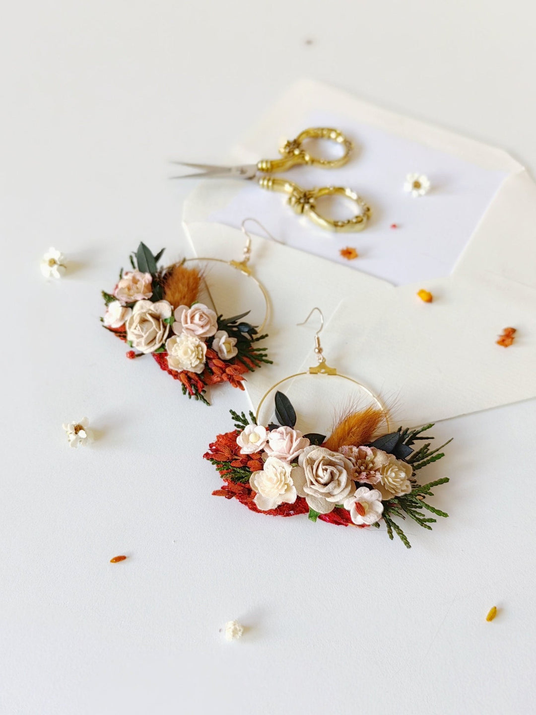 Terracotta Flower Circle Earrings: Autumn Wedding Jewelry – handmade floral hair accessory by magaela