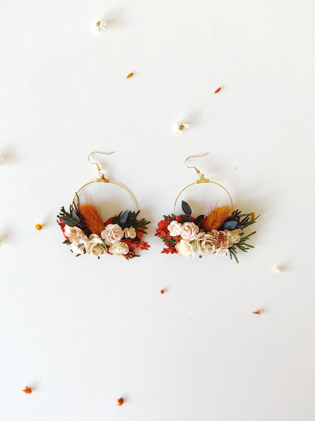 Terracotta Flower Circle Earrings: Autumn Wedding Jewelry – handmade floral hair accessory by magaela